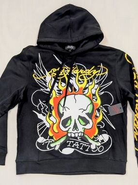 Ed Hardy Fire Skull Graphic Pullover Hoodie Tattoo Print NWT Men's Size L